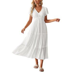 Womens Maxi Dress Boho Short Sleeve Tiered V Neck Ruffle Beach Vacation